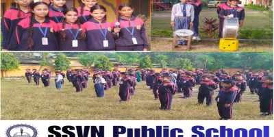 शंकराचार्य शिशु विद्या निकेतन पब्लिक स्कूल के छात्र सुबह की प्रार्थना सभा में ढोल और गीत के साथ भाग लेते हुए — आत्मविश्वास और अनुशासन का संदेश देते हुए।