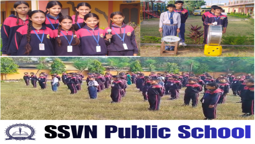 शंकराचार्य शिशु विद्या निकेतन पब्लिक स्कूल के छात्र सुबह की प्रार्थना सभा में ढोल और गीत के साथ भाग लेते हुए — आत्मविश्वास और अनुशासन का संदेश देते हुए।